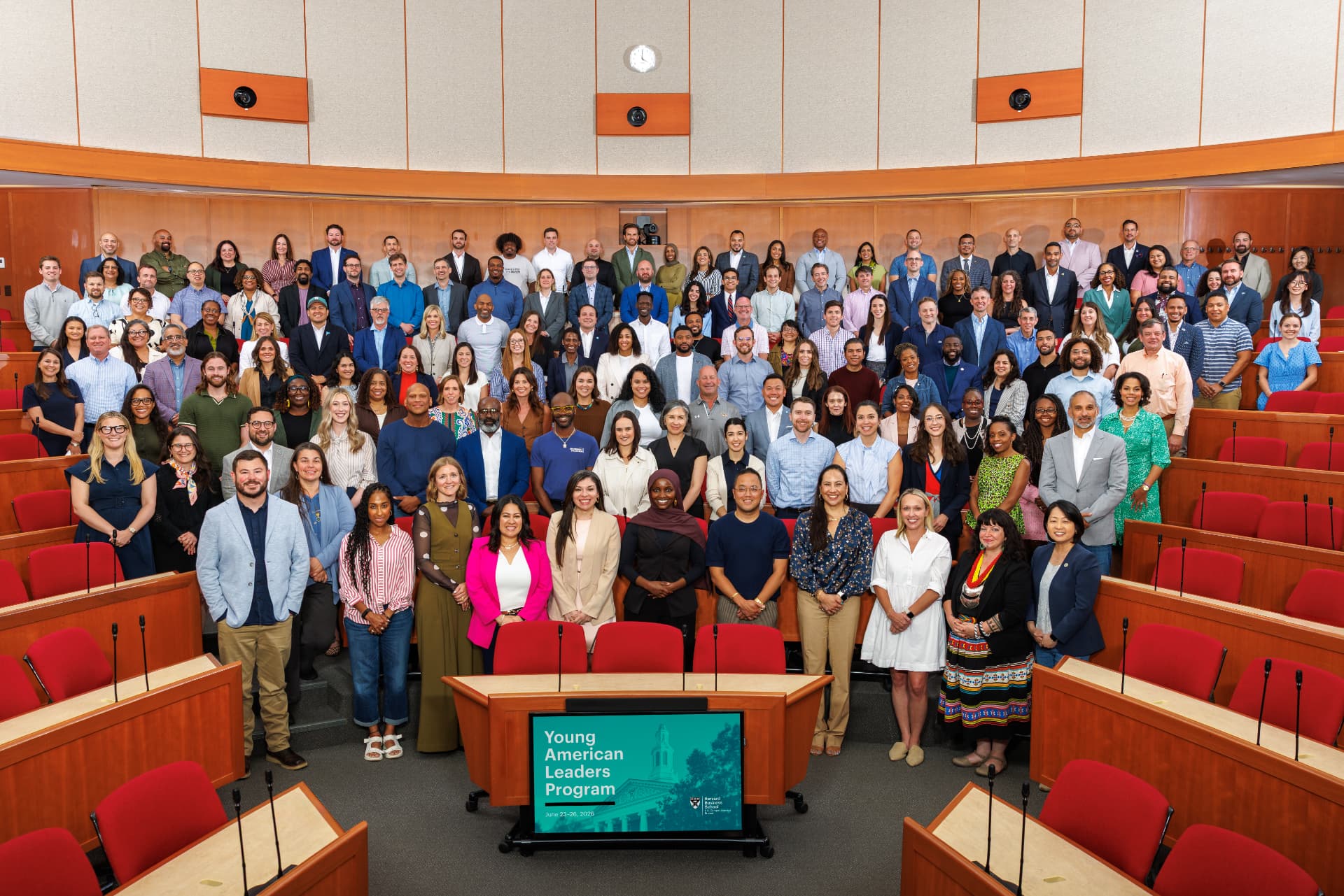 Participants of the 2026 Harvard Business School Young American Leaders Program gathered in a classroom